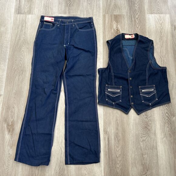 Red Snap Jeans Mens 34x32 Blue Denim Outfit Large Vest Selvedge Pants VTG 70s - Picture 1 of 16